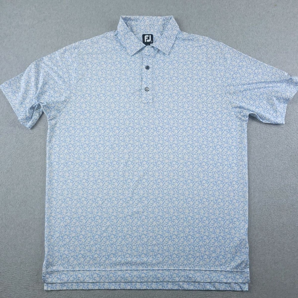 FootJoy Polo Shirt Mens XL Blue White Floral Golf Performance Moisture Wicking
